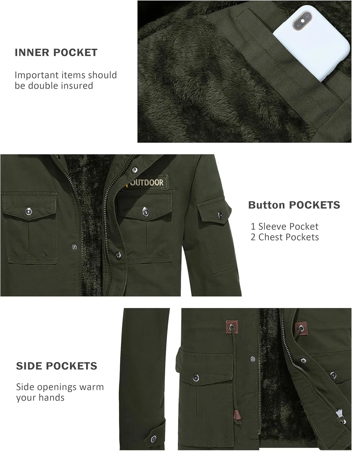 MAGCOMSEN Men's Winter Coat Military Jacket Fleece Lined Parka Cotton Cargo Jacket