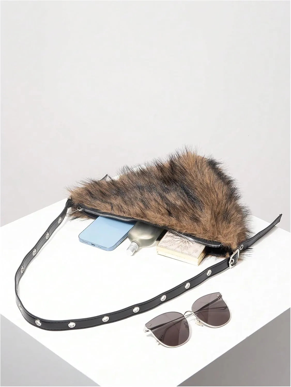 MakeMeChic Women's Faux Fur Top Handle Triangle Shoulder Handbag Teddy Plush Purse Y2K Tote Bag