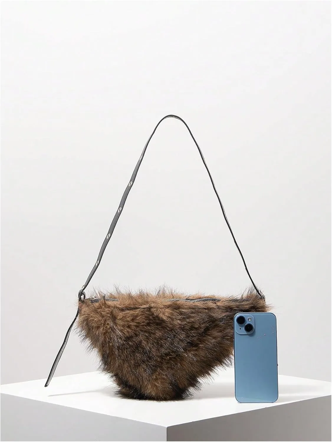 MakeMeChic Women's Faux Fur Top Handle Triangle Shoulder Handbag Teddy Plush Purse Y2K Tote Bag