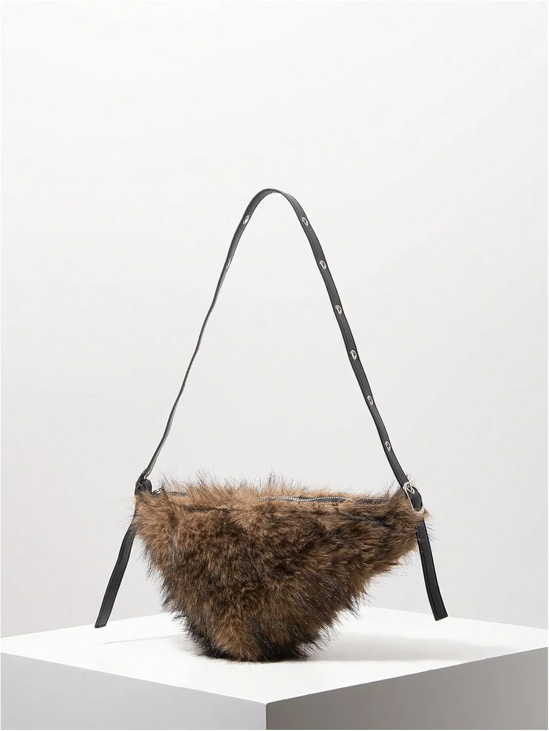 MakeMeChic Women's Faux Fur Top Handle Triangle Shoulder Handbag Teddy Plush Purse Y2K Tote Bag