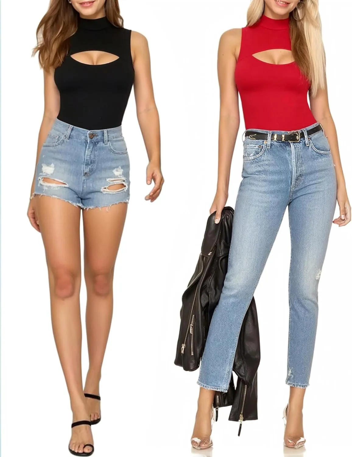 MANGOPOP Mock Neck Cutout Front Top Long Sleeve Sleeveless Bodysuits for Women