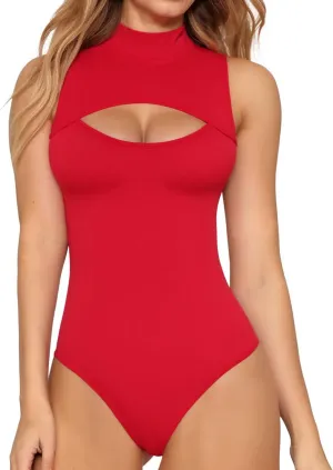 MANGOPOP Mock Neck Cutout Front Top Long Sleeve Sleeveless Bodysuits for Women