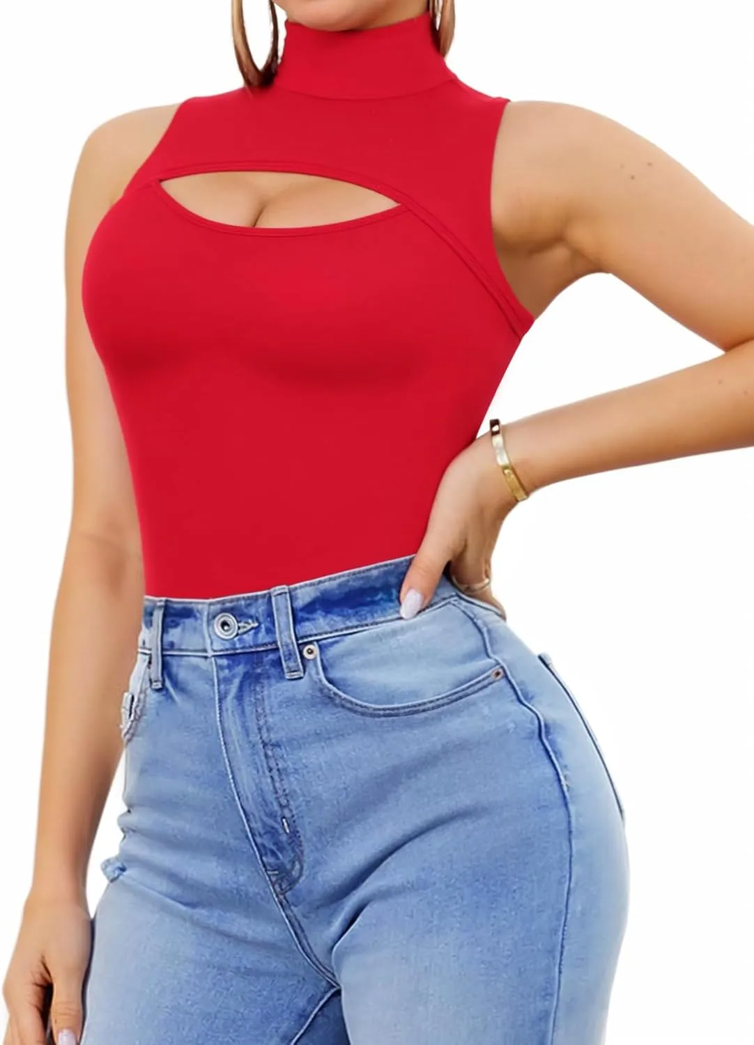 MANGOPOP Mock Neck Cutout Front Top Long Sleeve Sleeveless Bodysuits for Women