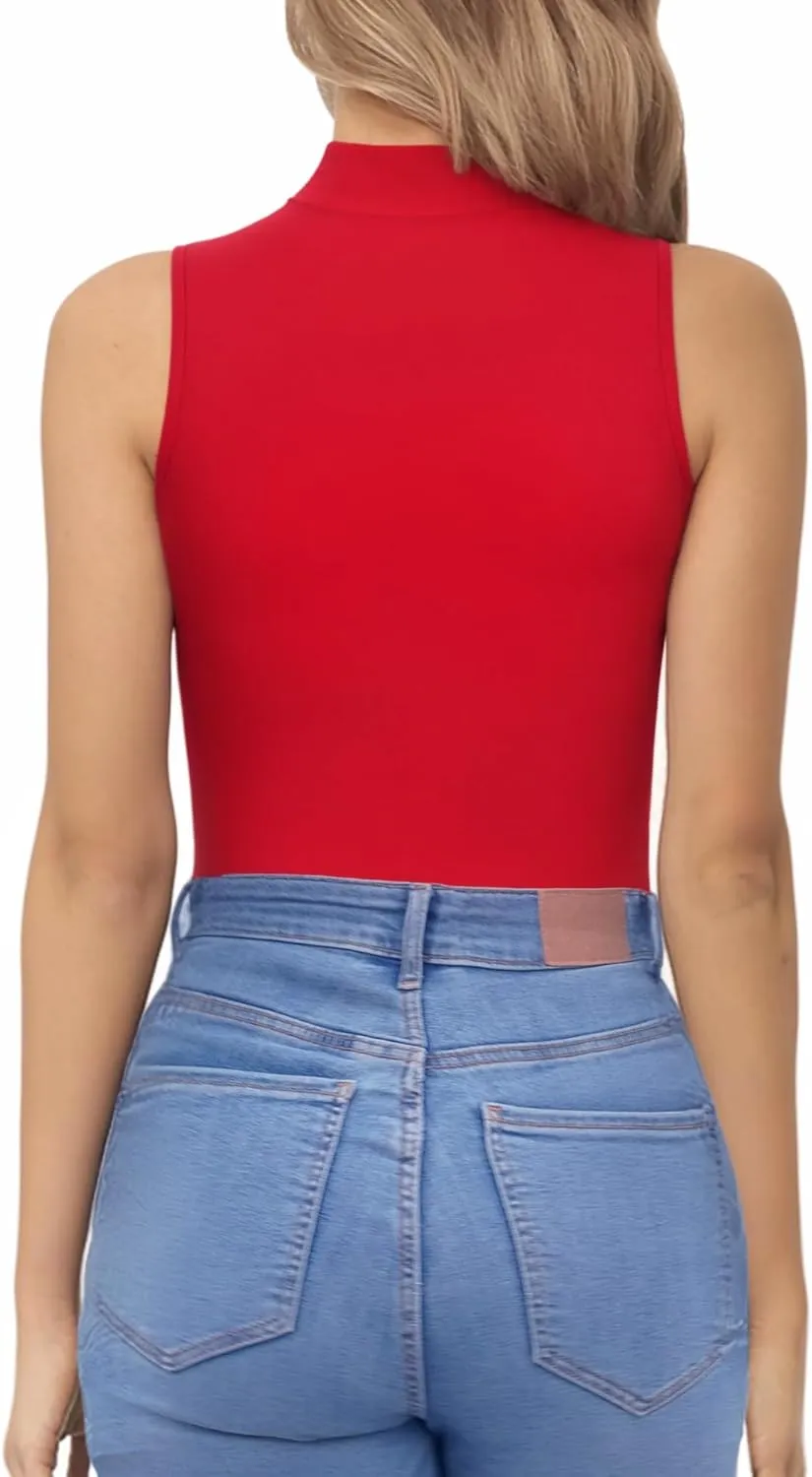 MANGOPOP Mock Neck Cutout Front Top Long Sleeve Sleeveless Bodysuits for Women