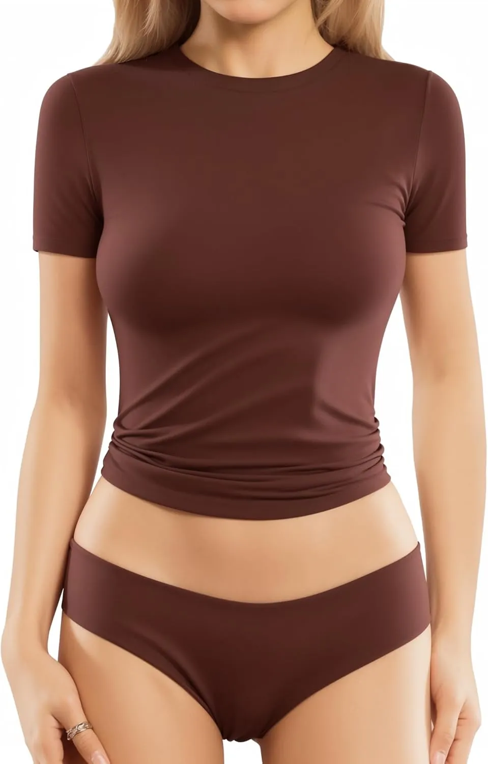 MANGOPOP Women's Double Lined Short Sleeve Long Sleeve Tops Crew Neck T Shirt Compression Fitted Basic Tee
