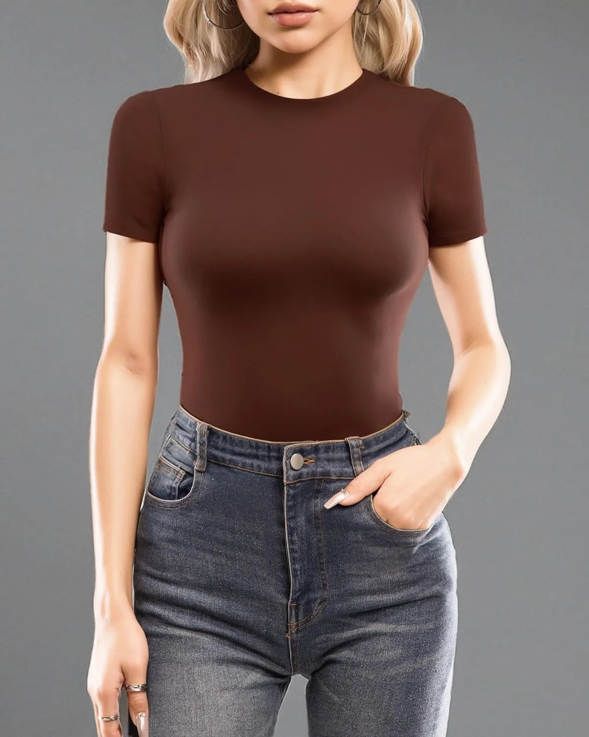 MANGOPOP Women's Double Lined Short Sleeve Long Sleeve Tops Crew Neck T Shirt Compression Fitted Basic Tee