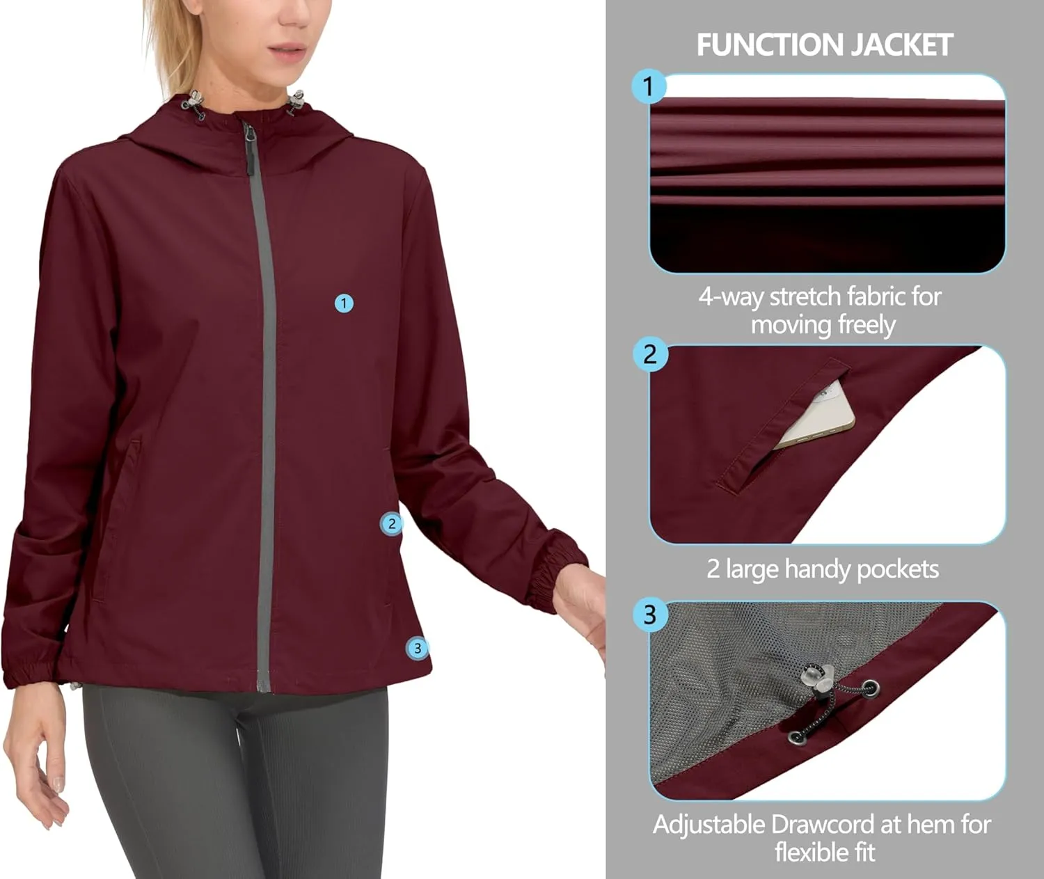 Mapamyumco Women's Lightweight Jacket Running Windbreaker with Hood Windproof Stretch UPF50 