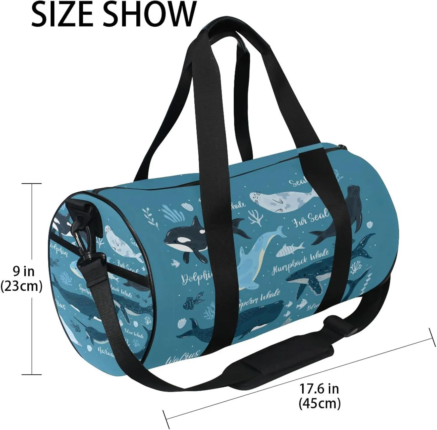Marine Dolphin, Killer Whale, Narwhal Walrus Blue Ocean Water Duffel Bag, Foldable Canvas Travel Tote for Gym Sports with Inner Pockets, Durable Lightweight Fitness Bag for Overnight Workout