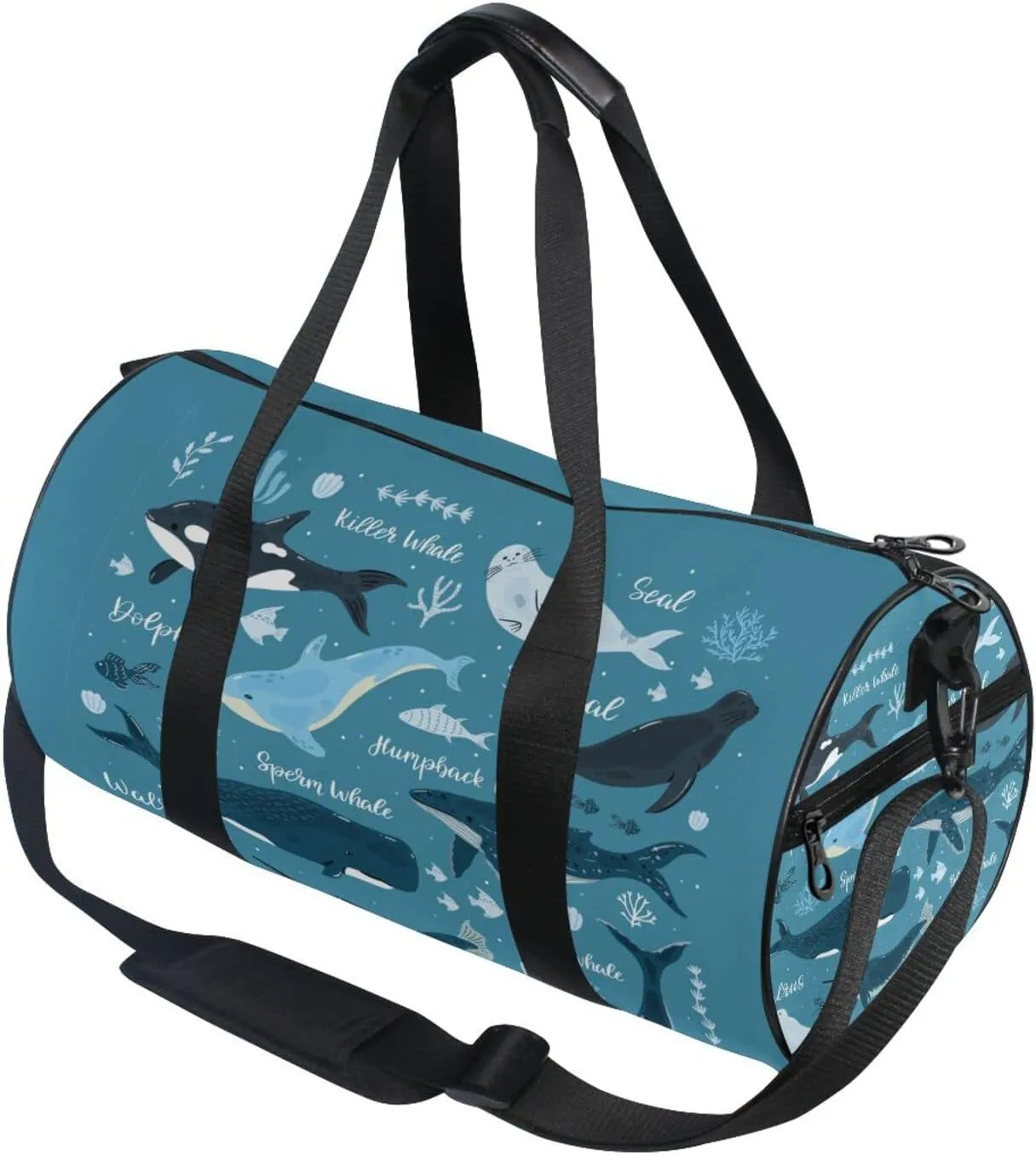 Marine Dolphin, Killer Whale, Narwhal Walrus Blue Ocean Water Duffel Bag, Foldable Canvas Travel Tote for Gym Sports with Inner Pockets, Durable Lightweight Fitness Bag for Overnight Workout