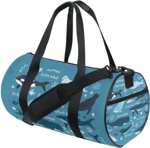 Marine Dolphin, Killer Whale, Narwhal Walrus Blue Ocean Water Duffel Bag, Foldable Canvas Travel Tote for Gym Sports with Inner Pockets, Durable Lightweight Fitness Bag for Overnight Workout