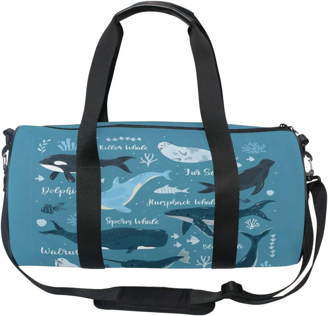 Marine Dolphin, Killer Whale, Narwhal Walrus Blue Ocean Water Duffel Bag, Foldable Canvas Travel Tote for Gym Sports with Inner Pockets, Durable Lightweight Fitness Bag for Overnight Workout
