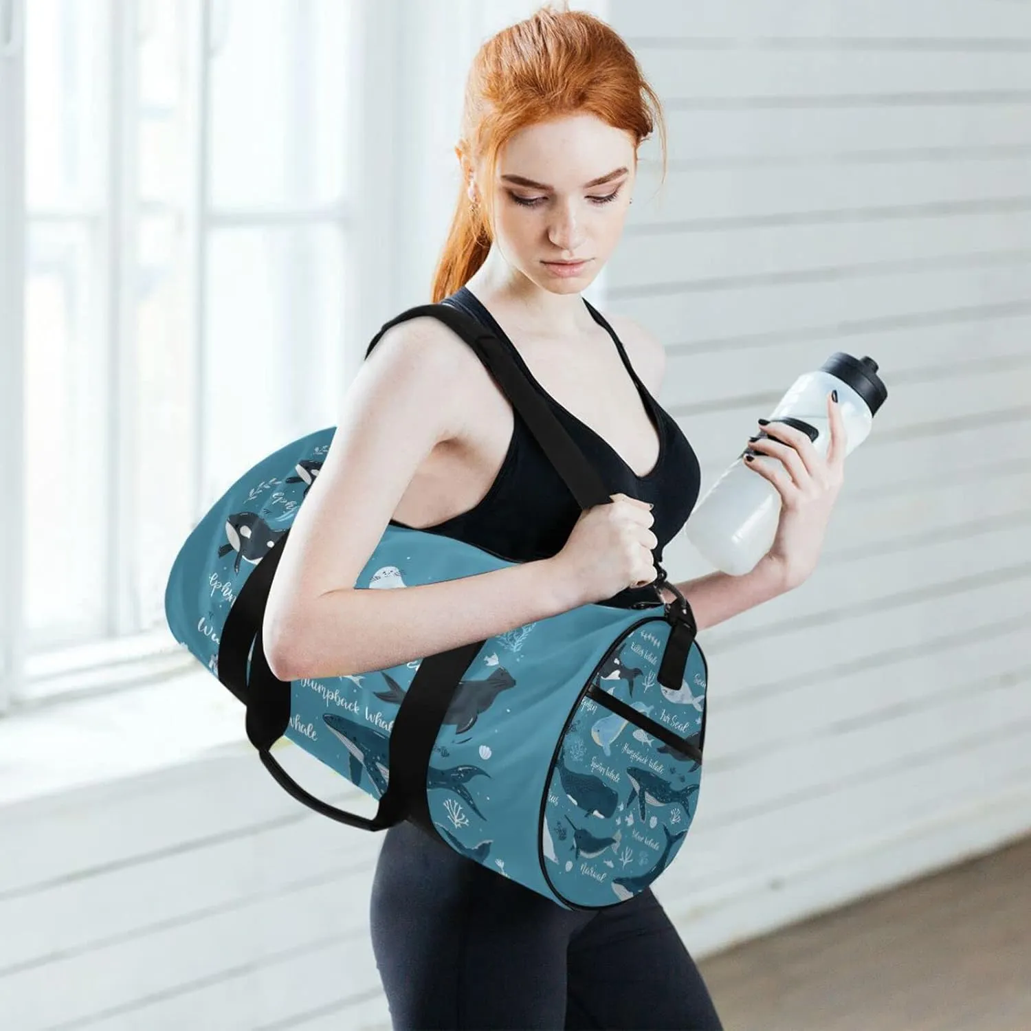 Marine Dolphin, Killer Whale, Narwhal Walrus Blue Ocean Water Duffel Bag, Foldable Canvas Travel Tote for Gym Sports with Inner Pockets, Durable Lightweight Fitness Bag for Overnight Workout