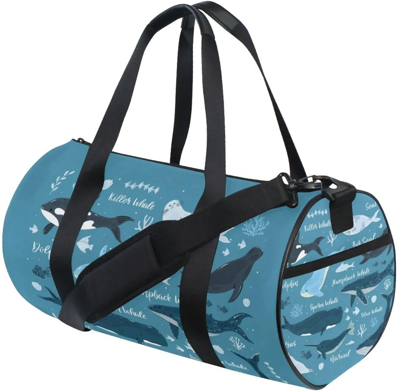 Marine Dolphin, Killer Whale, Narwhal Walrus Blue Ocean Water Duffel Bag, Foldable Canvas Travel Tote for Gym Sports with Inner Pockets, Durable Lightweight Fitness Bag for Overnight Workout