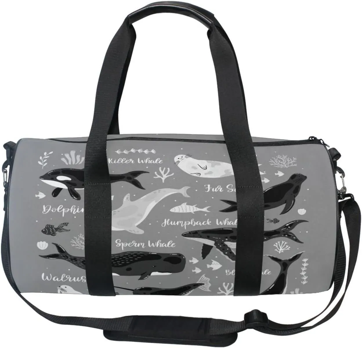 Marine Dolphin Killer Whale Narwhal Walrus Ocean Undersea Water Duffel Bag, Foldable Canvas Travel Tote for Gym Sports with Inner Pockets, Durable Lightweight Fitness Bag for Overnight Workout