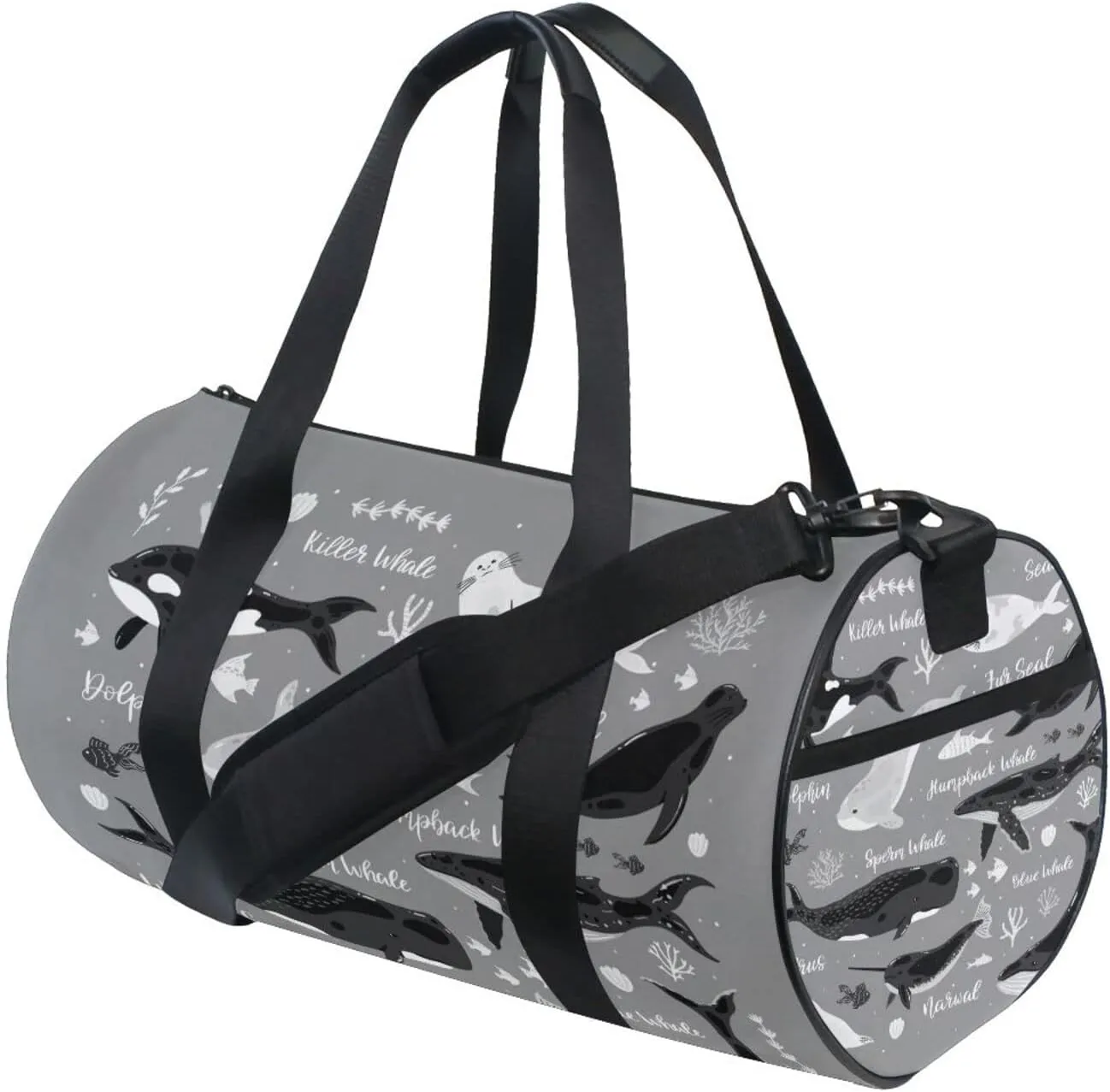 Marine Dolphin Killer Whale Narwhal Walrus Ocean Undersea Water Duffel Bag, Foldable Canvas Travel Tote for Gym Sports with Inner Pockets, Durable Lightweight Fitness Bag for Overnight Workout