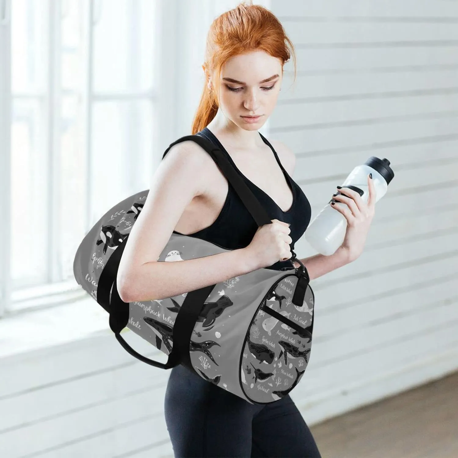 Marine Dolphin Killer Whale Narwhal Walrus Ocean Undersea Water Duffel Bag, Foldable Canvas Travel Tote for Gym Sports with Inner Pockets, Durable Lightweight Fitness Bag for Overnight Workout