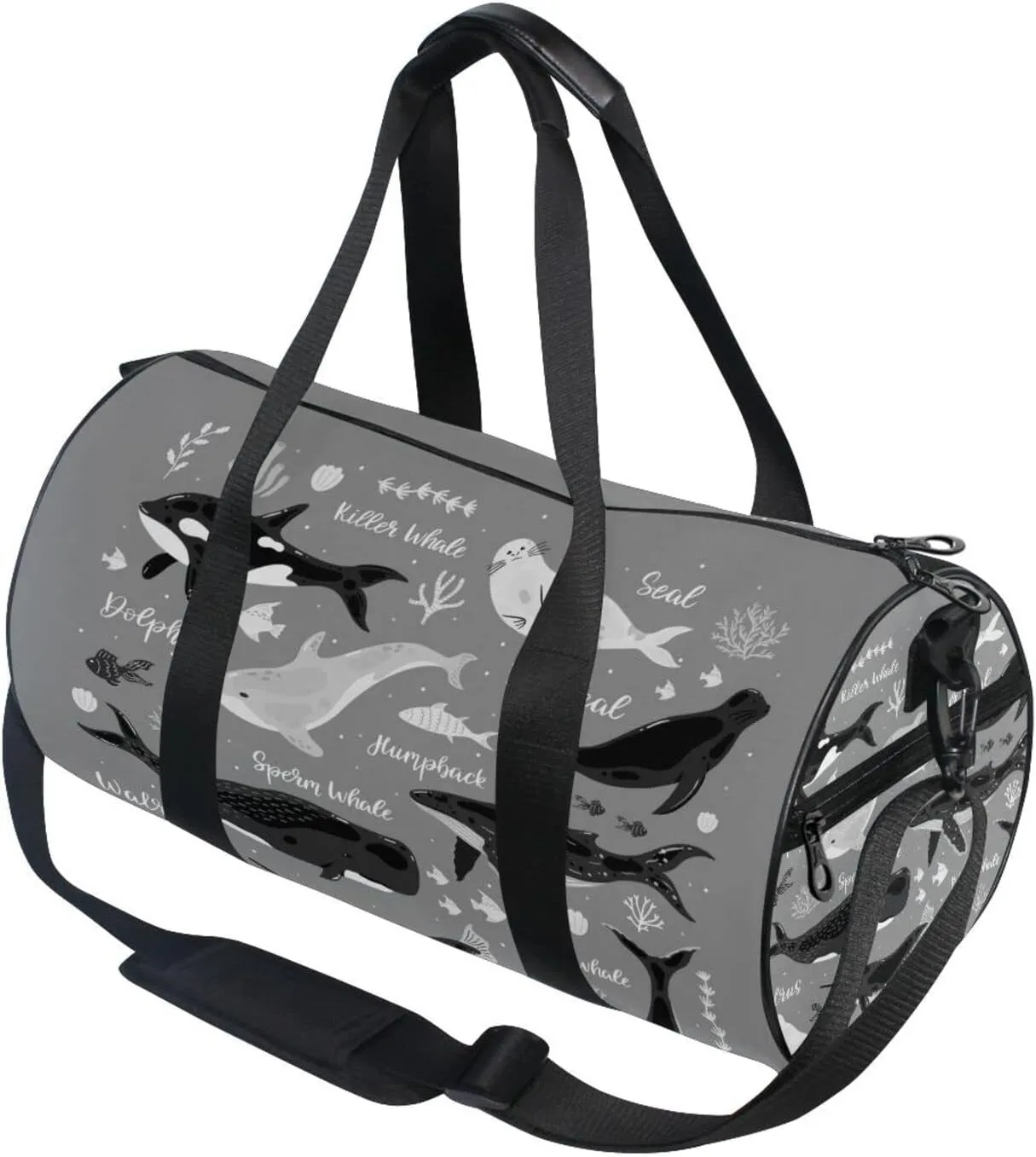 Marine Dolphin Killer Whale Narwhal Walrus Ocean Undersea Water Duffel Bag, Foldable Canvas Travel Tote for Gym Sports with Inner Pockets, Durable Lightweight Fitness Bag for Overnight Workout