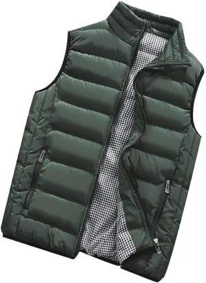 Men Winter Vest Winter Fashion Casual Solid Color Zipper Collar Pocket Hoodless Sleeveless Cotton Padded Puffer
