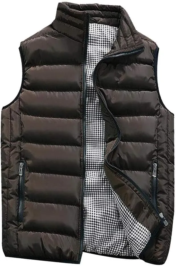 Men Winter Vest Winter Fashion Casual Solid Color Zipper Collar Pocket Hoodless Sleeveless Cotton Padded Puffer