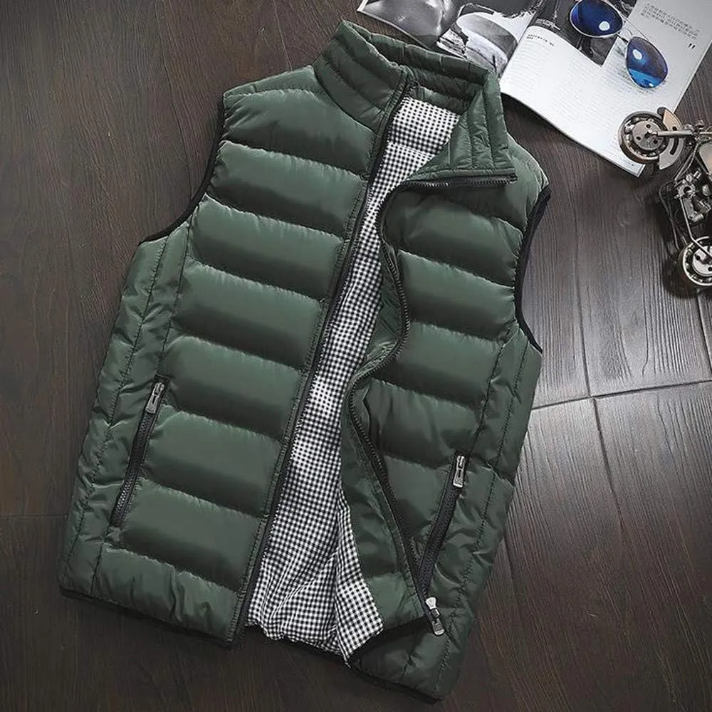 Men Winter Vest Winter Fashion Casual Solid Color Zipper Collar Pocket Hoodless Sleeveless Cotton Padded Puffer