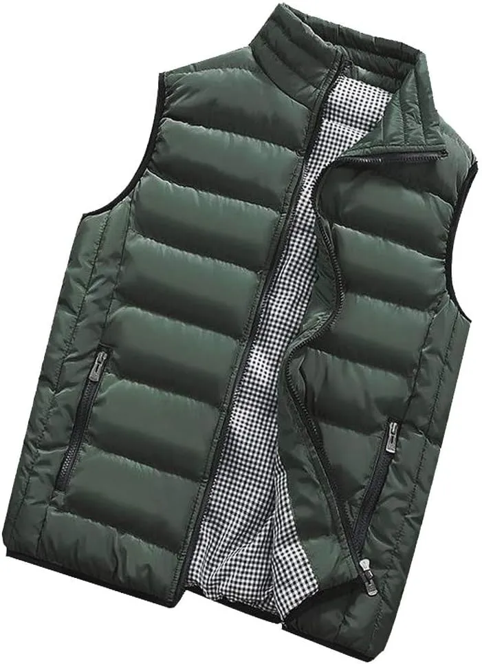 Men Winter Vest Winter Fashion Casual Solid Color Zipper Collar Pocket Hoodless Sleeveless Cotton Padded Puffer