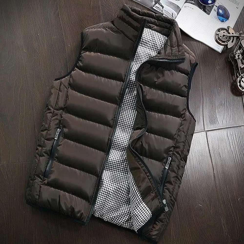 Men Winter Vest Winter Fashion Casual Solid Color Zipper Collar Pocket Hoodless Sleeveless Cotton Padded Puffer