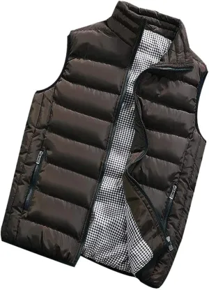 Men Winter Vest Winter Fashion Casual Solid Color Zipper Collar Pocket Hoodless Sleeveless Cotton Padded Puffer