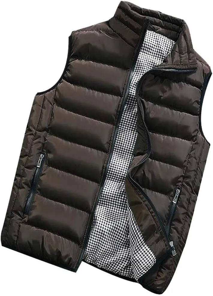 Men Winter Vest Winter Fashion Casual Solid Color Zipper Collar Pocket Hoodless Sleeveless Cotton Padded Puffer