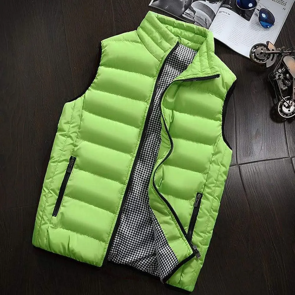 Men Winter Vest Winter Fashion Casual Solid Color Zipper Collar Pocket Hoodless Sleeveless Cotton Padded Puffer