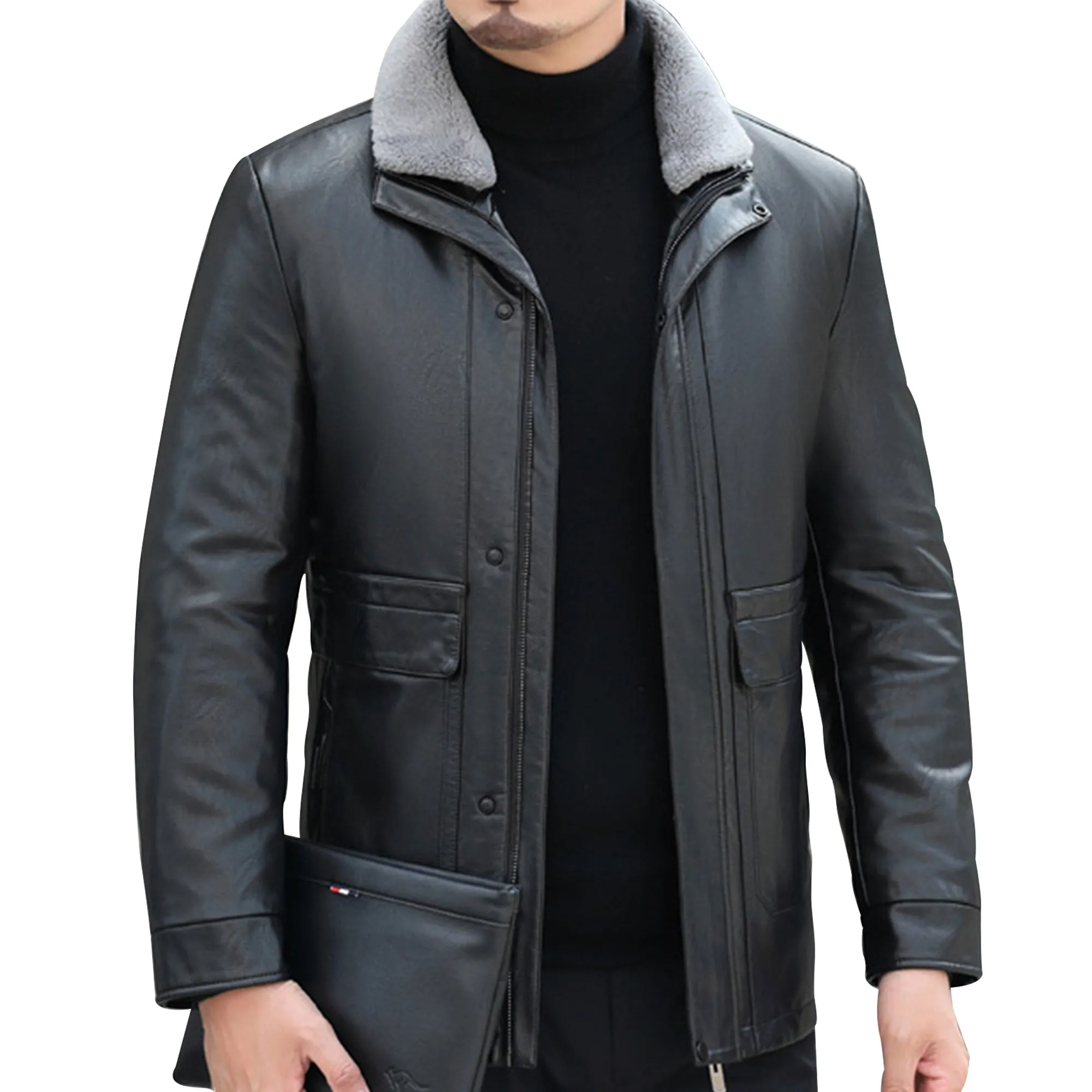 Mens Business Gentleman Zipper Leather Coat Genuine Leather  Windproof Jacket