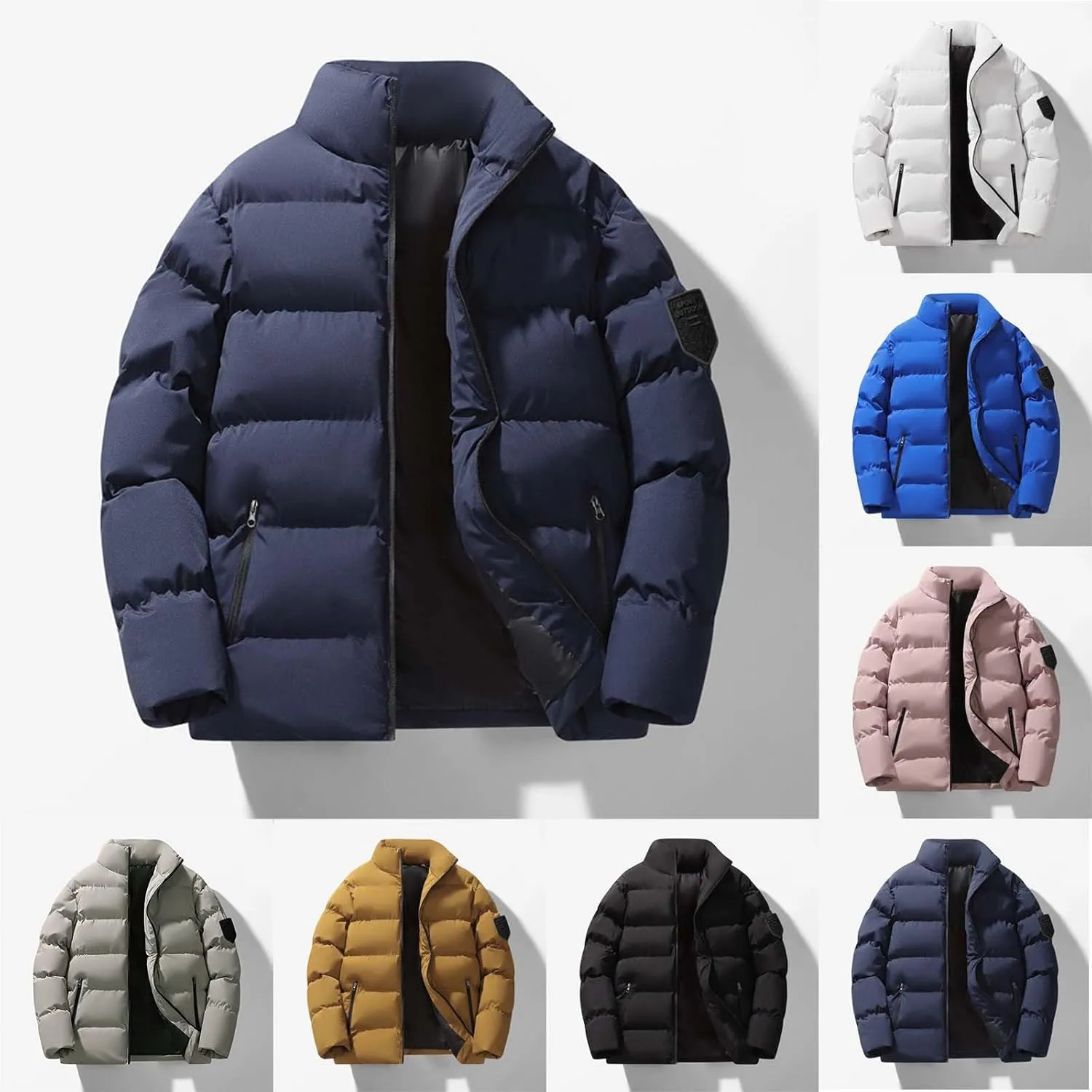 Men's Down Jacket Warm Stand Up Collar Zip Up Bubble Jacket Winter Water Resistant Windproof Insulated Puffer Jacket