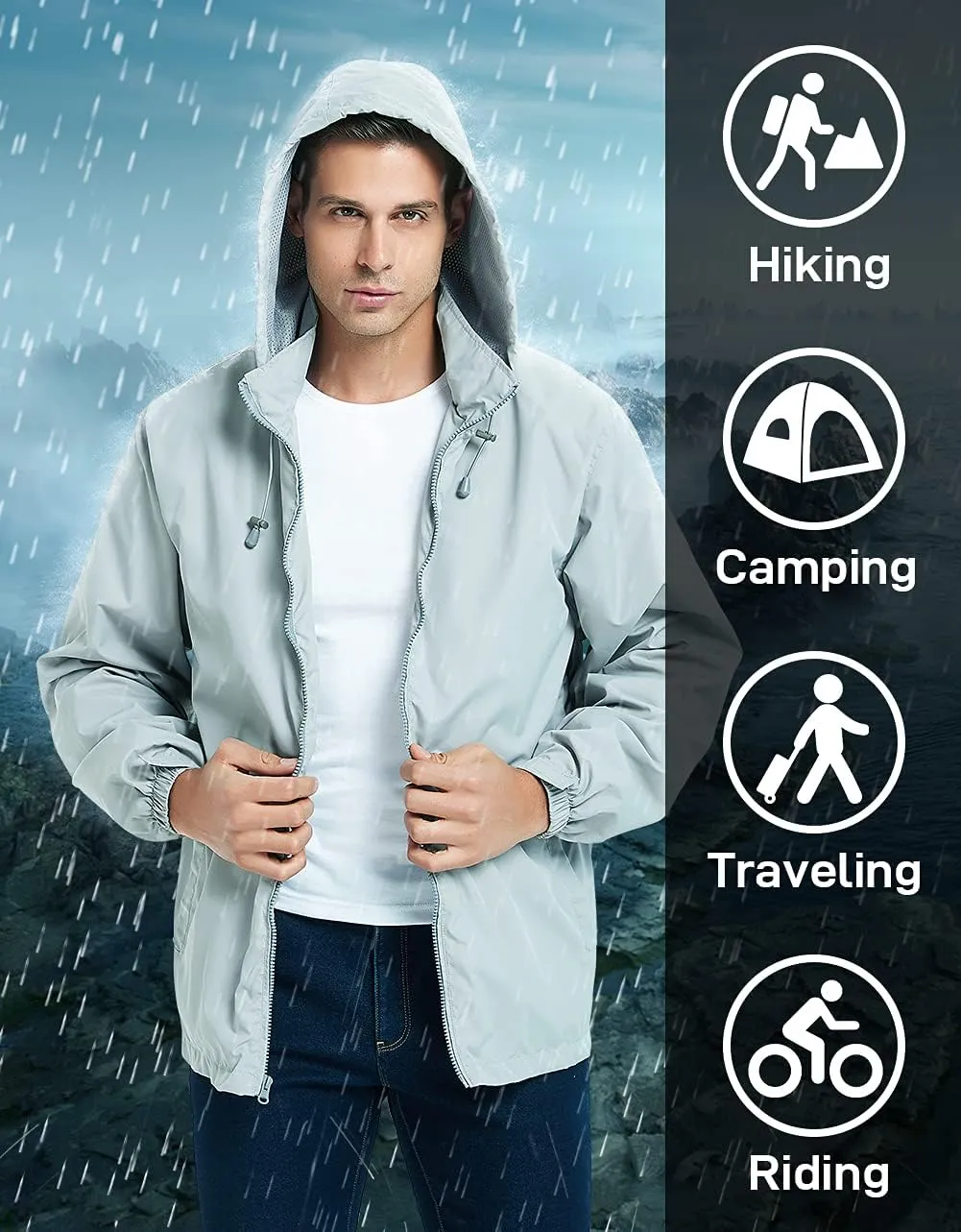 Mens Lightweight Windbreaker Waterproof Rain Jacket with Removable Hood