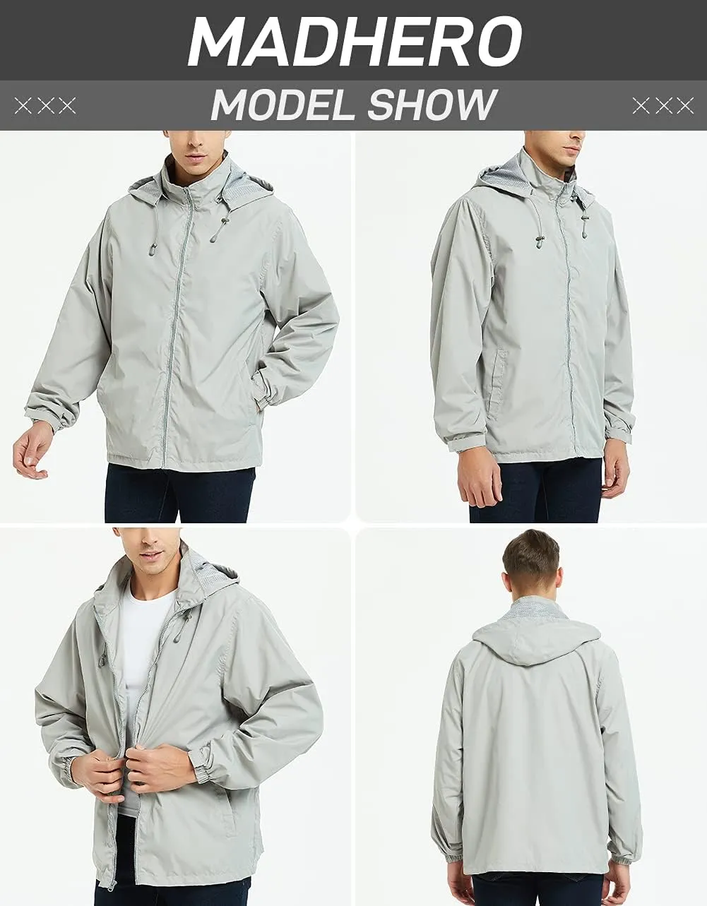 Mens Lightweight Windbreaker Waterproof Rain Jacket with Removable Hood