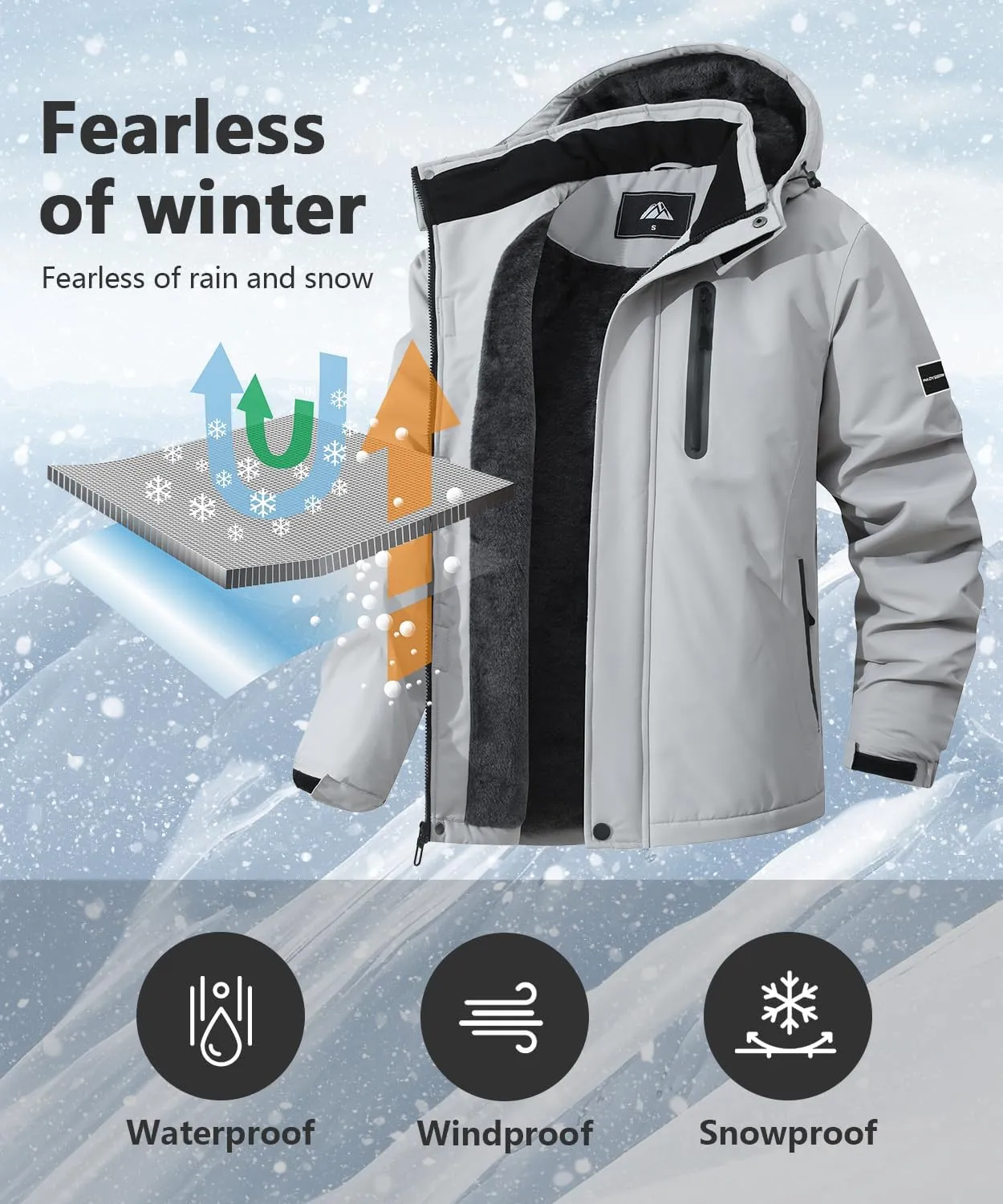 Men's Mountain Ski Jacket Warm Winter Snow Coat Waterproof Snowboarding Jacket Outdoor Windbreaker Hooded for Hiking