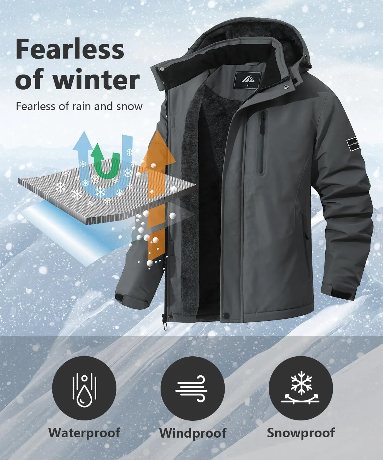 Men's Mountain Ski Jacket Warm Winter Snow Coat Waterproof Snowboarding Jacket Outdoor Windbreaker Hooded for Hiking