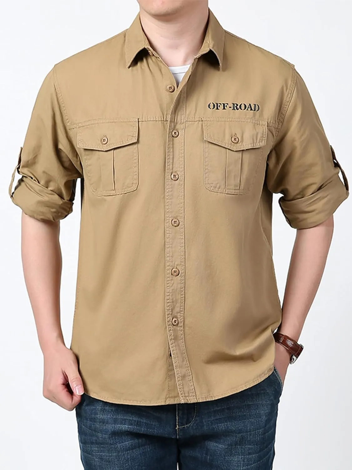 Men's Roll-Up Sleeve Cargo Work Shirts with Pockets