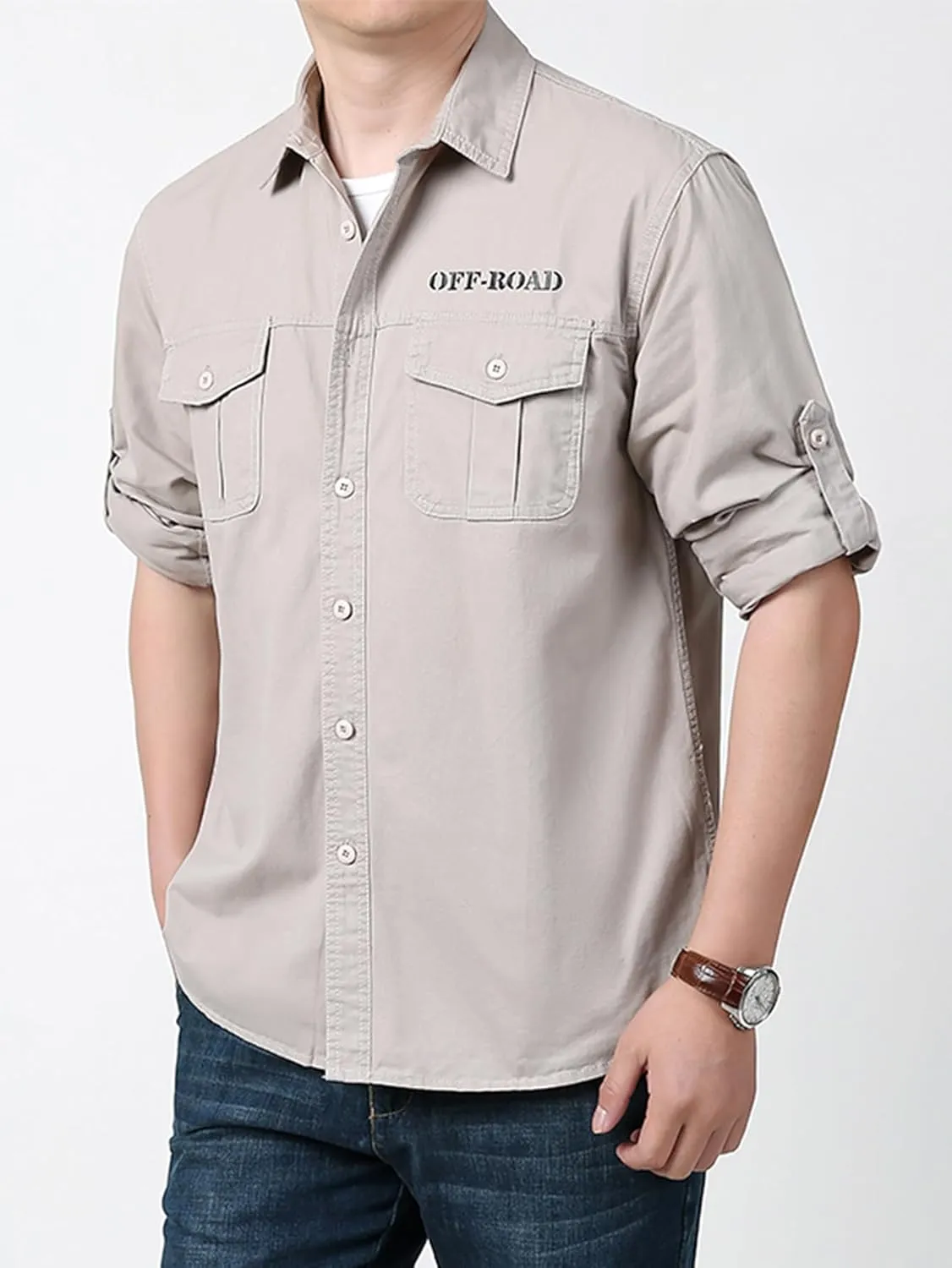 Men's Roll-Up Sleeve Cargo Work Shirts with Pockets