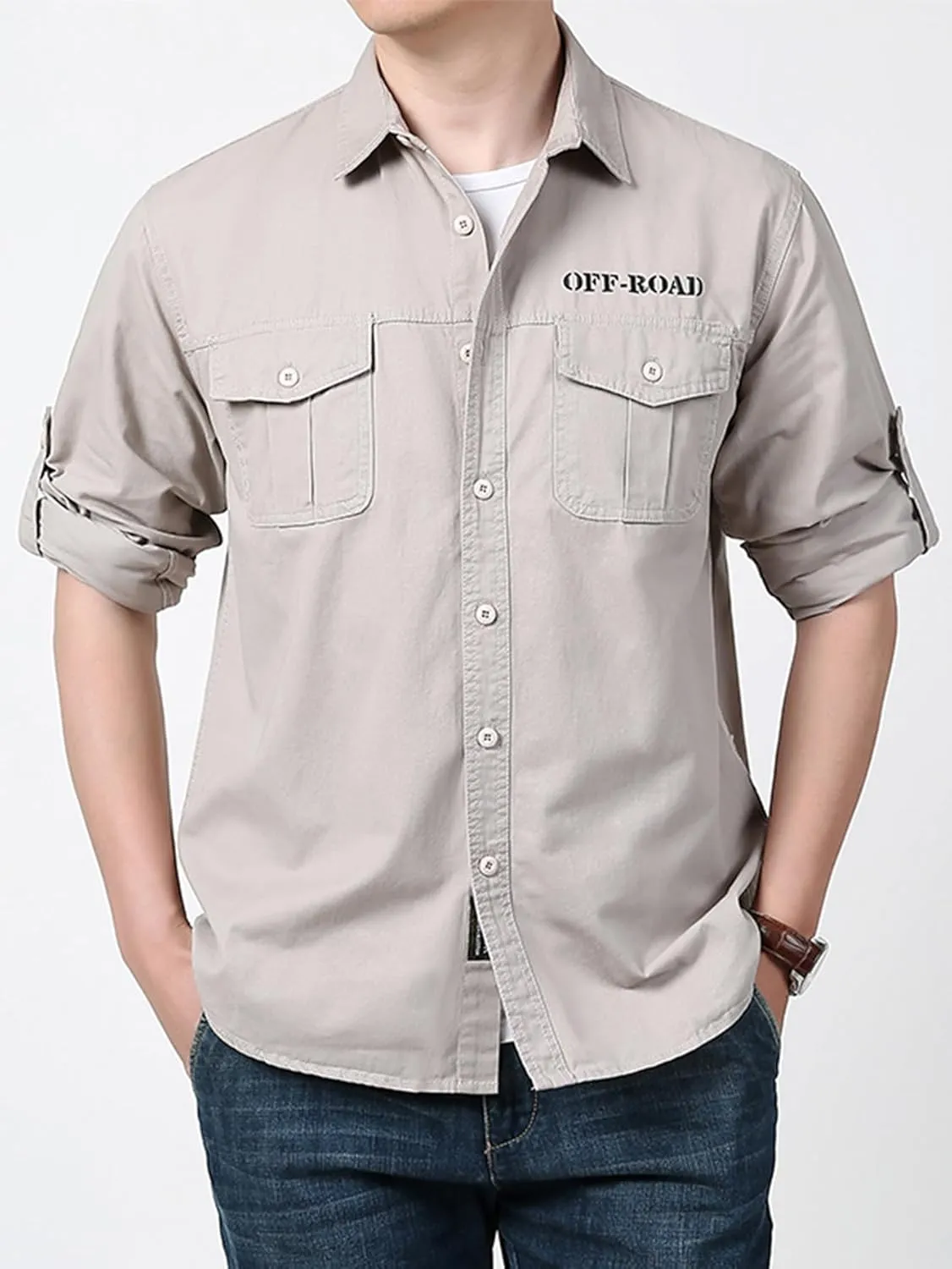 Men's Roll-Up Sleeve Cargo Work Shirts with Pockets