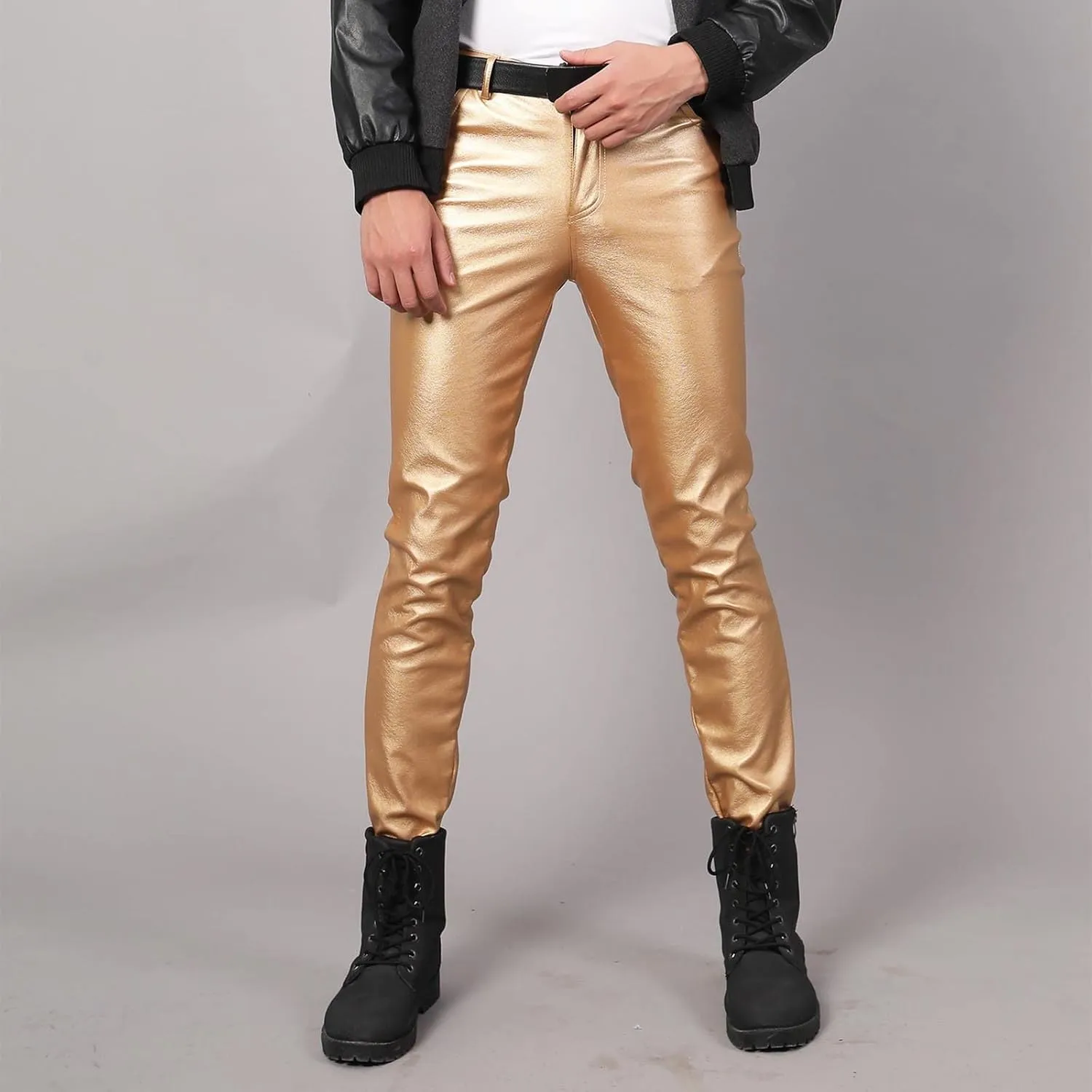 Mens Slim Fitting Leather Pants Leggings Tight Elastic Trend Motorcycle Leather Pants Moccasins