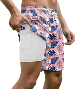 Mens Swim Trunks with Compression Liner Bathing Suits Quick Dry Beach Board Shorts with Zipper Pockets