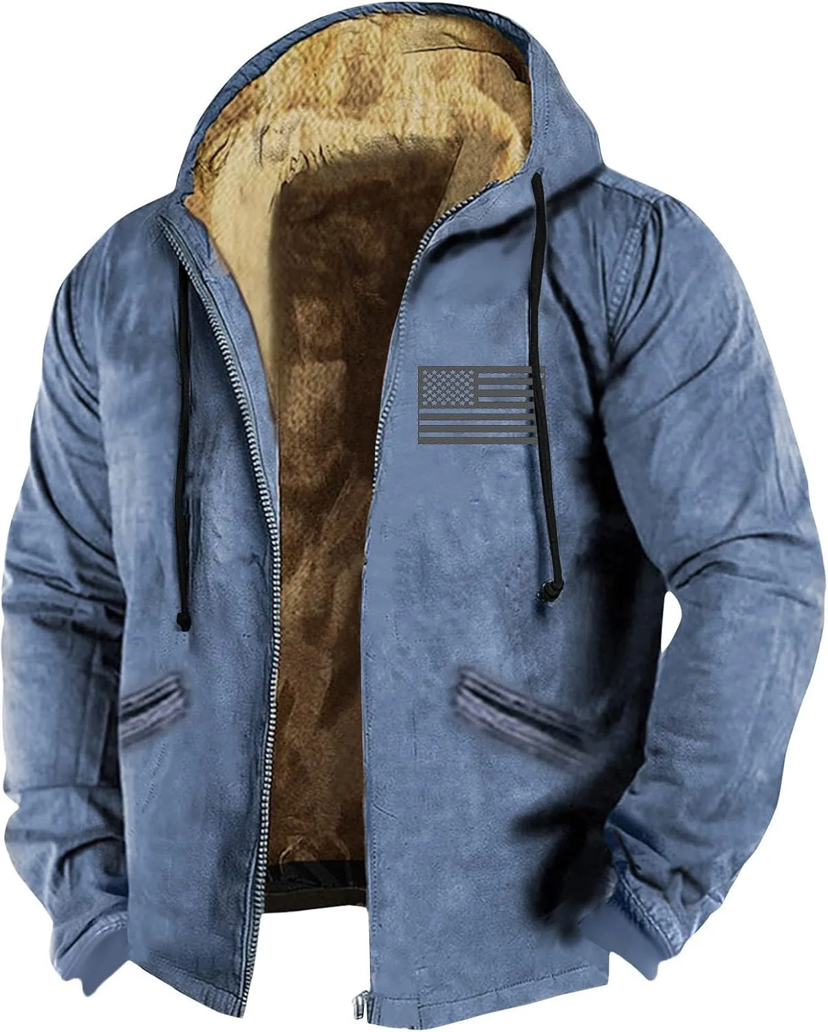 Mens Winter Jacket Winter Warm Hoodies Vintage Printed Jackets Sherpa Fleece Lined Coats Full Zipper Outwear