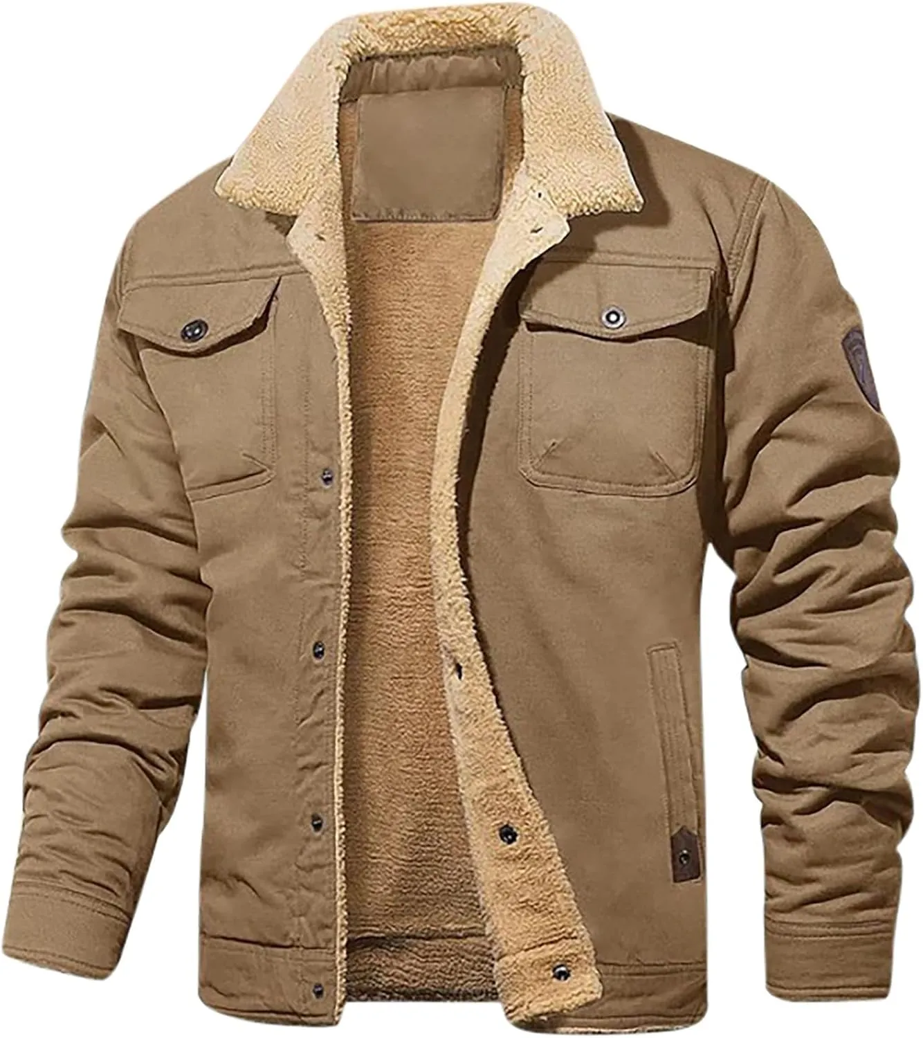 Mens Winter Wool Jackets Casual Polar Fleece Stand Collar Full Zip Jacket Oversized Thermal Windproof Outdoor Sport Coats
