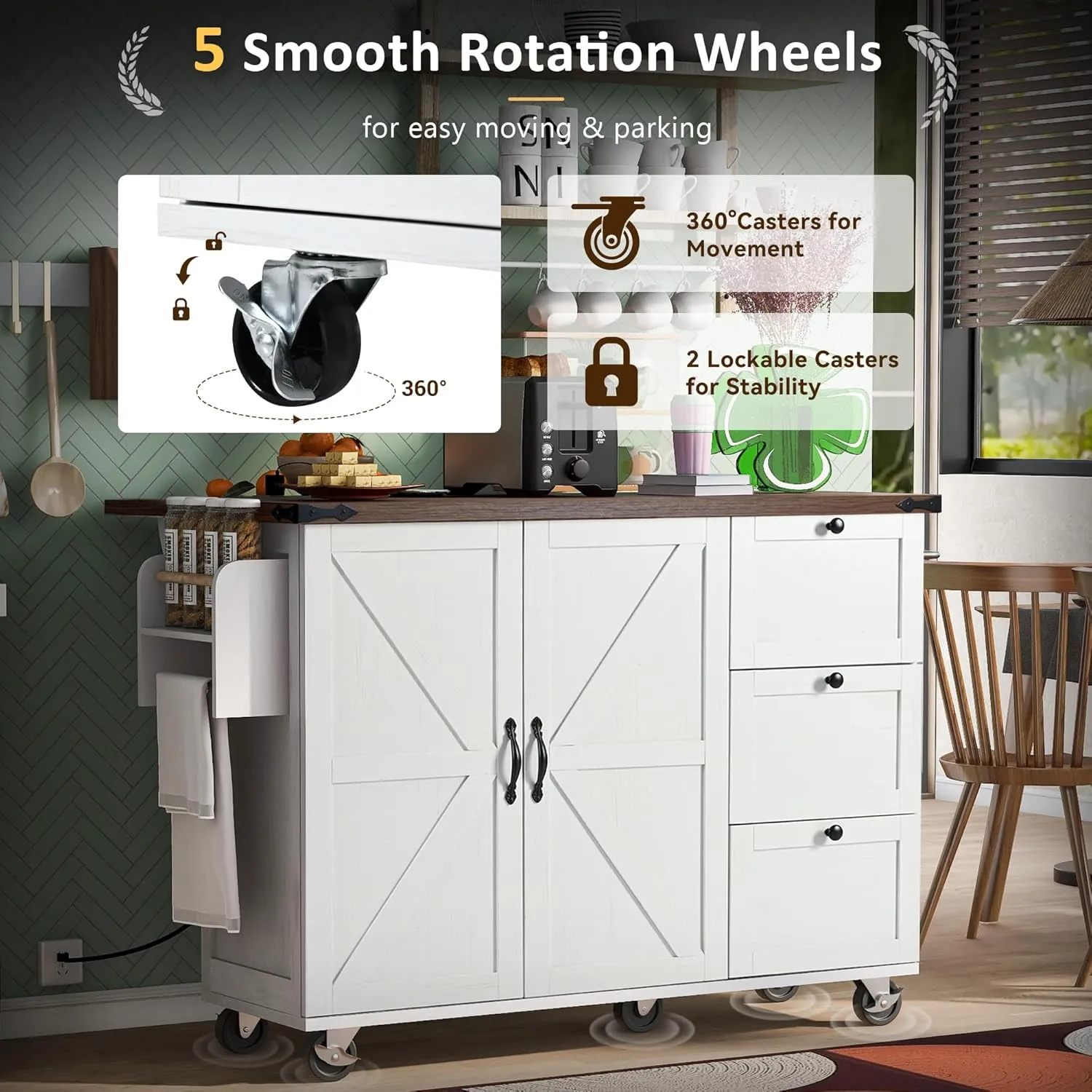 Merax 54.5" Wood Kitchen Cart Island on Wheels with Power Outlet,Drop Leaf and 3 Side Drawers,Farmhouse Style Storage Cabinet for Dining Room