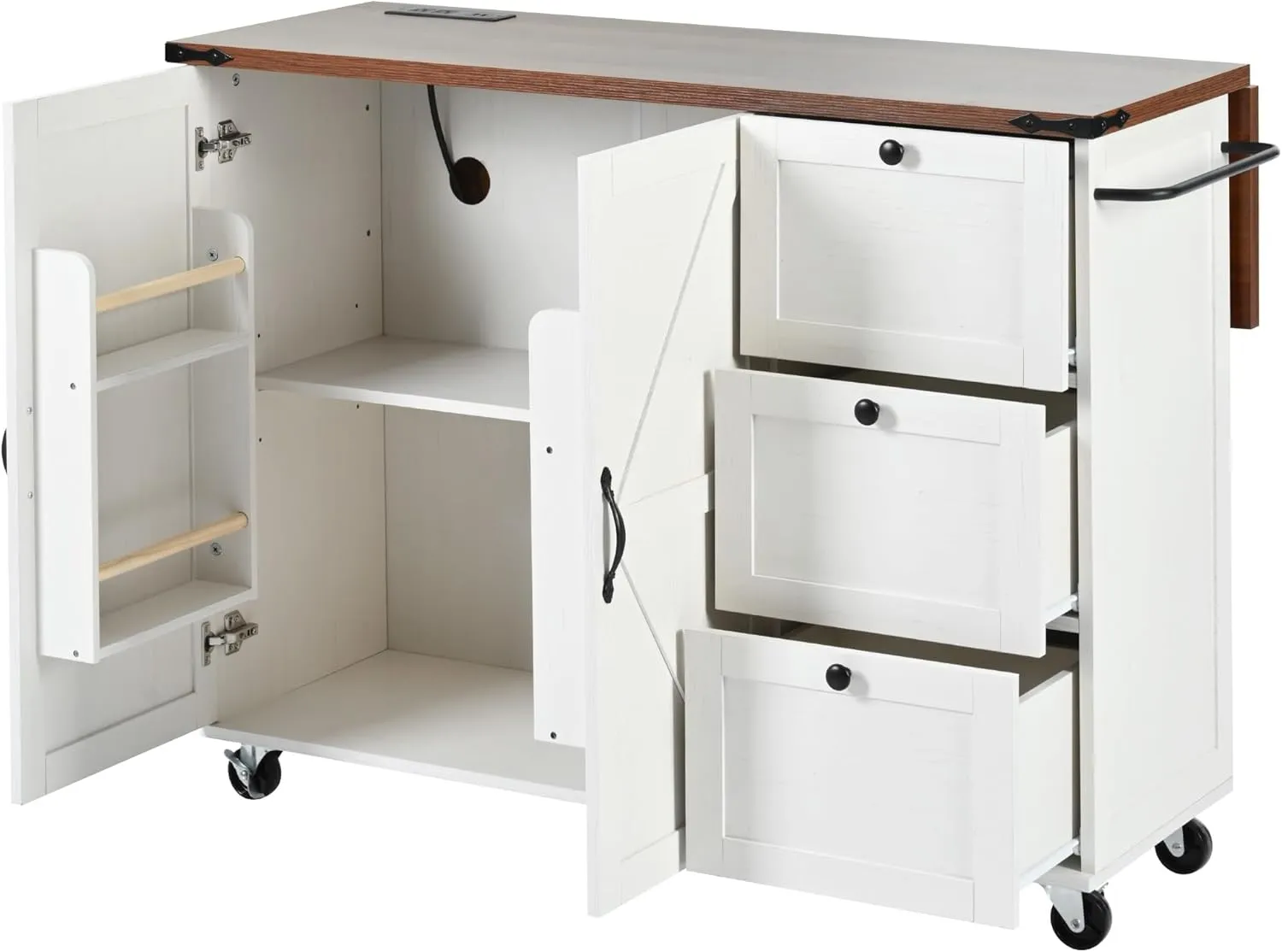 Merax 54.5" Wood Kitchen Cart Island on Wheels with Power Outlet,Drop Leaf and 3 Side Drawers,Farmhouse Style Storage Cabinet for Dining Room
