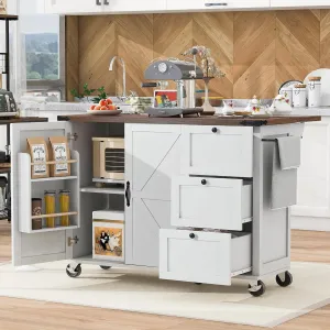 Merax 54.5" Wood Kitchen Cart Island on Wheels with Power Outlet,Drop Leaf and 3 Side Drawers,Farmhouse Style Storage Cabinet for Dining Room