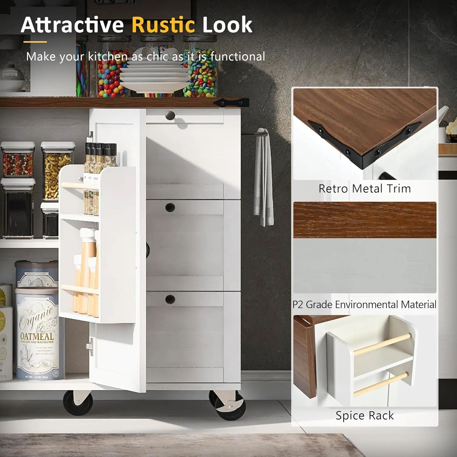 Merax 54.5" Wood Kitchen Cart Island on Wheels with Power Outlet,Drop Leaf and 3 Side Drawers,Farmhouse Style Storage Cabinet for Dining Room