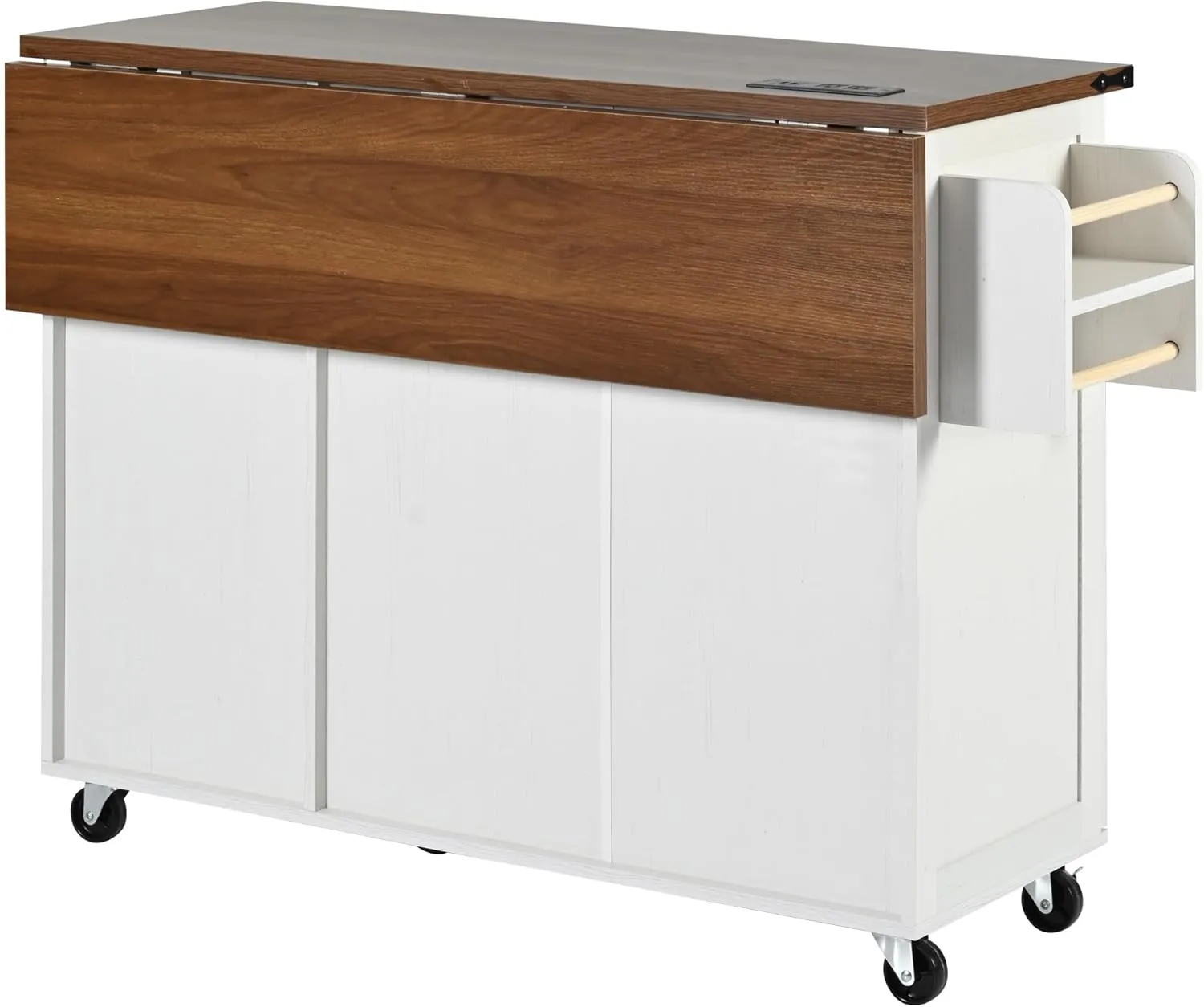 Merax 54.5" Wood Kitchen Cart Island on Wheels with Power Outlet,Drop Leaf and 3 Side Drawers,Farmhouse Style Storage Cabinet for Dining Room