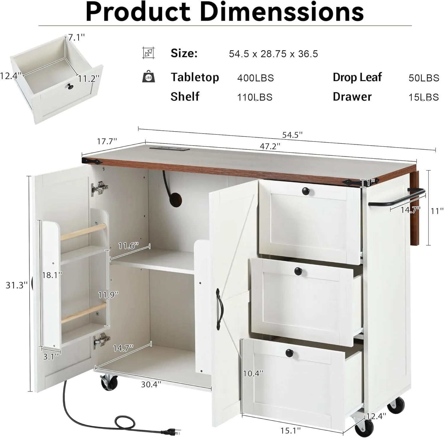 Merax 54.5" Wood Kitchen Cart Island on Wheels with Power Outlet,Drop Leaf and 3 Side Drawers,Farmhouse Style Storage Cabinet for Dining Room