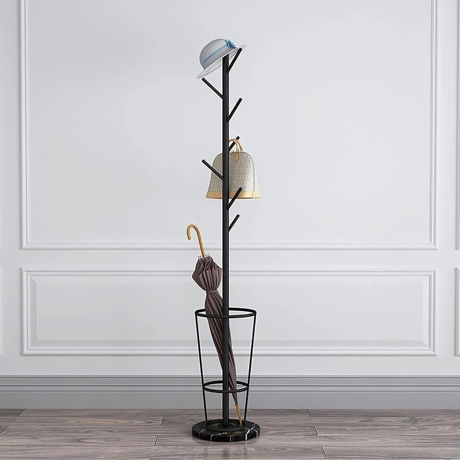 Metal Umbrella Stand with Coat Rack, Umbrella Holder for Entryway with Marble Base, Multiple Hooks for Expansion Space(Black black,B)