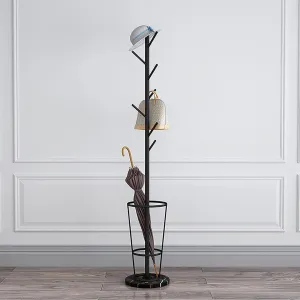 Metal Umbrella Stand with Coat Rack, Umbrella Holder for Entryway with Marble Base, Multiple Hooks for Expansion Space(Black black,B)